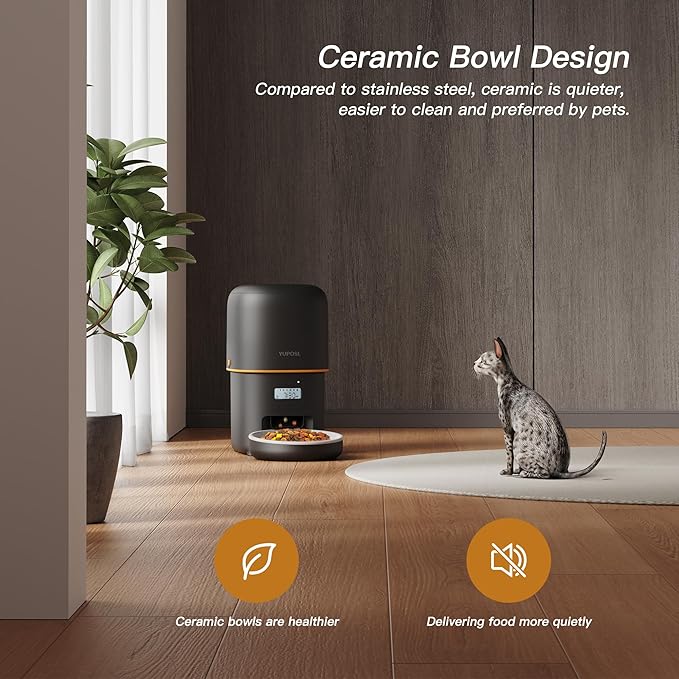 Automatic Cat Feeder - 2L Cat Food Dispenser, Timed Auto Pet Feeder with 180-day Battery Life, 1-6 Meals Per Day, 1-16 Portion, Ceramic Bowl, Desiccant Bag Keeps Dry Food Fresh, Also for Small Dogs