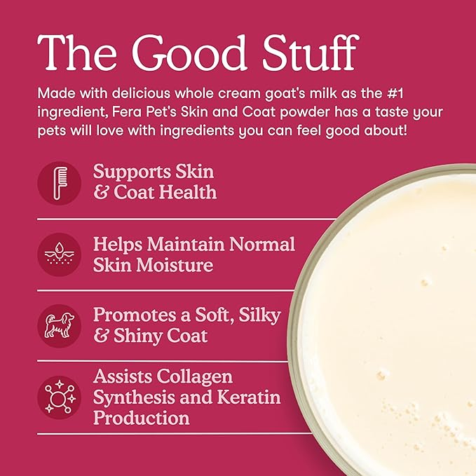 Fera Pets Goat Milk Topper - Cat & Dog Skin and Coat Supplement with Collagen, Biotin & Vitamin C - Helps Maintain Normal Skin Moisture - Promotes a Shiny Coat - for Picky Eaters - 60 TSP