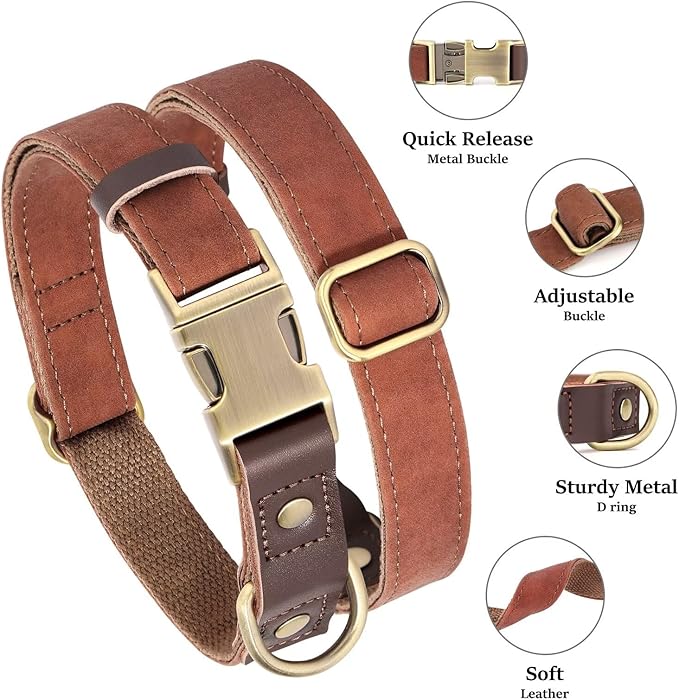 Didog Soft PU Leather Dog Collar for Large Dogs,Classic Adjustable Dog Collars with Quick Release Metal Buckle,Easy Clean and Comfortable with Nylon Lining,Brown,L Neck 15-23"