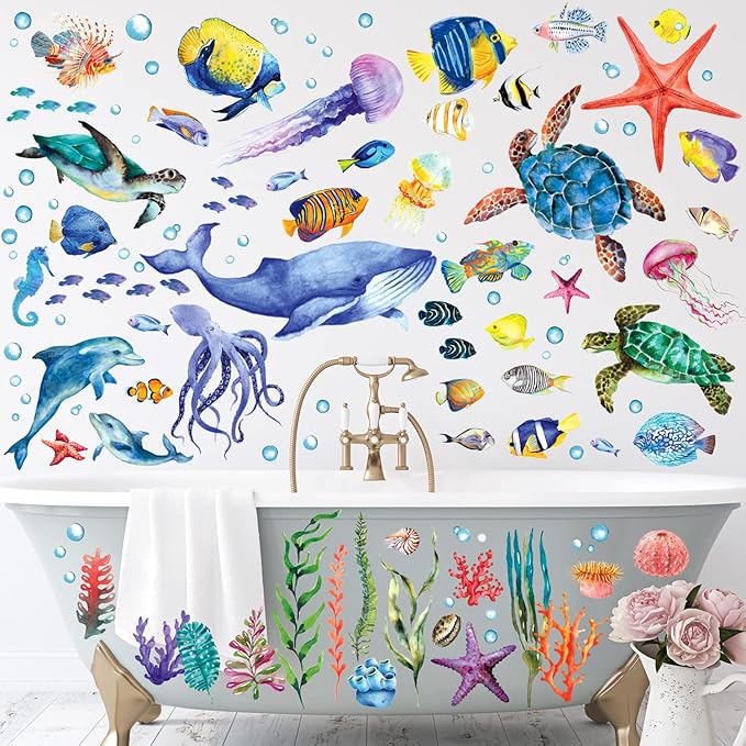 BASHOM DS12-8048 128 Pieces Under The Sea Wall Decals Ocean Fish Stickers Turtle Jellyfish Seaweed Removable for Kids Bedroom Nursery Living Room Home Art Decor Bathroom Baby