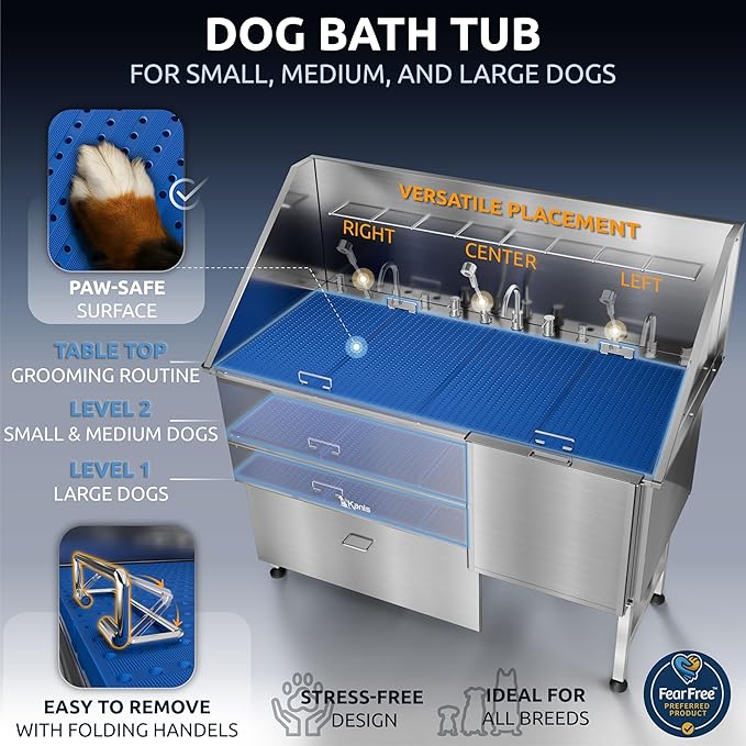 KANIS Professional Dog Washing Station - 304 Stainless Steel Pet Wash Sink & Grooming Bath Tub for Home with Ramp, Shower, Floor Grate, Storage Drawer, Faucet, Drain Kit for Large, Medium & Small Pets