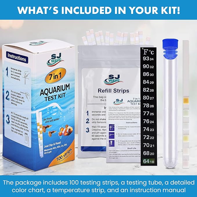 7 in 1 - Aquarium Test Strips | 100 Fast & Accurate Strips | Fish Tank Aquariums Water Test Kit & ebook | Aquarium Thermometer | Fish Tank Water Testing Kit for Fresh & Saltwater | Versatile Usage