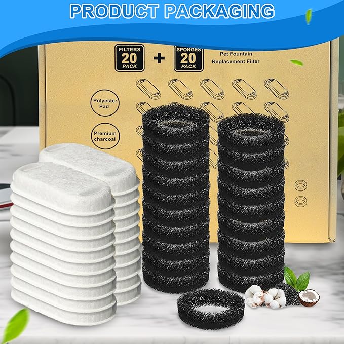 Cat Water Fountain Filters, 40 Pack Cat Replacement Filters for Stainless Steel 108oz/3.2L& 67oz/2L adjustable Flow Pet Water, Dog Fountain Filter（20 + 20 Pack)