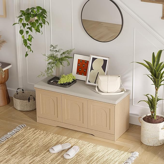 DINZI LVJ Shoe Bench, Entryway Storage Bench with Doors, Cushion, 2-Tier Shoe Rack with 6-Cubby, 39.4”L x 13.8”W Shoe Organizer Cabinet, Adjustable Shelf, Living Room, Bedroom, Natural