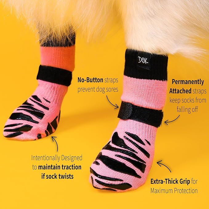 DOK TigerToes Premium Non-Slip Dog Socks for Hardwood Floors - Extra-Thick Grip That Works Even When Twisted - Prevents Licking, Slipping, and Great for Dog Paw Protection (Sassy Pink, Large)