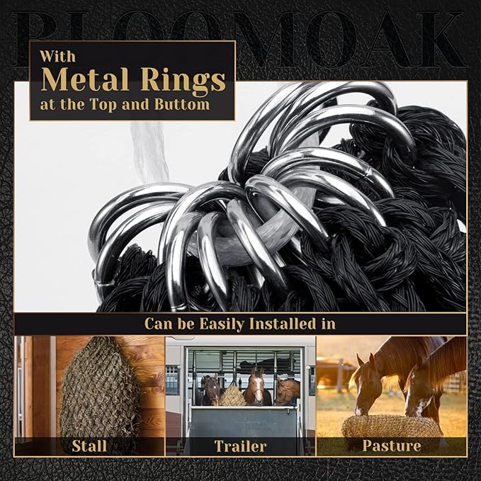 Bloomoak Slow Hay Net Feeder for Horses, Durable Soft Black PE 2/3 String Hay Bales Bags, Fit 36x18x18 to 47x25x17 Inches, Extends 50-64 Inches (2 1.6" Hole/1PC)