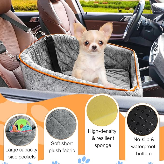 Dog Car Seat for Small Dogs, Memory Foam Booster Dog Seat for Dogs up to 35 lbs, Elevated Pet Car Seat with Washable Removable Cover, Storage Pockets (Gray)
