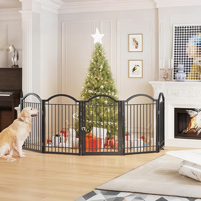 BHG Metal No-Assembly Freestanding Dog Gate with Door Walk Through, Extra Wide 144", Extra Tall 32" Pet Gate, Accordion Puppy Folding Playpen Dog Fence, with 2PCS Support (Black, 6 panesl)