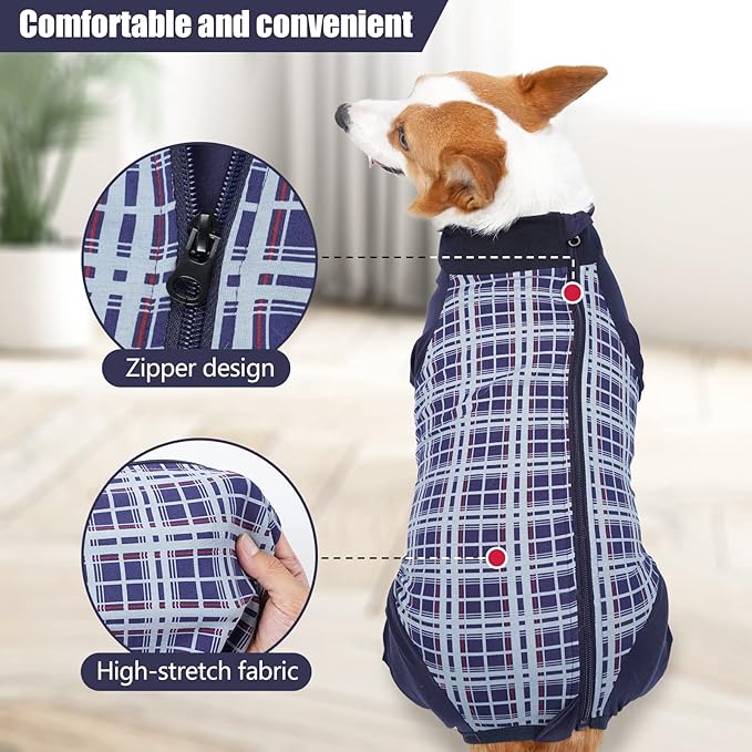 Dog Recovery Suit, Abdominal Wound After Surgery Wear, Anti Licking Bodysuit with Zipper, E-Collar & Cone Alternatives, Plaid Dog Spay Surgical Shirt Prevent Shedding(3XL, Blue)