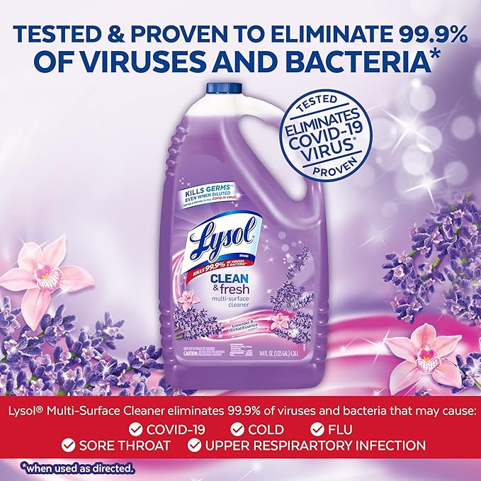 Lysol Multi-Surface Cleaner, Sanitizing and Disinfecting Pour, to Clean and Deodorize, Lavender and Orchard Essence, 144oz (Pack of 4)