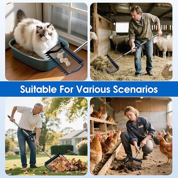 Chicken Poop Scooper & Rake 2-in-1, 32 to 68" Adjustable Stainless Steel Chicken Litter Scoop with Handle and Glove for Chick Coop Sands Multifunctional Litter Sifting Shovel for Hen Animals House