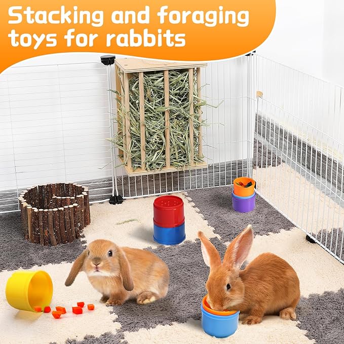 8 Pcs Stacking Cups for Rabbits - Safe Reusable Bunny Toys in Different Sizes, Durable Rainbow Colored Nesting Toys for Small Animals Bunny Hiding Food Playing Bunny Gifts