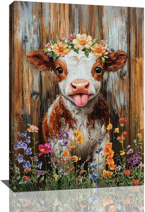 Funny Cow Bathroom Pictures Wall Art, Rustic Brown Cute Cow Bathroom Wall Decor, Farmhouse Floral Framed Painting Animal Flower Canvas Artwork for Bedroom Living Room Decorations 24"L x 16"W