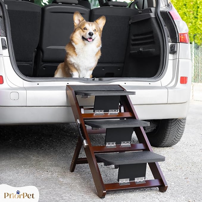 Dog Steps for Bed & Couch 2-in-1 Dog Stairs/Ramp - Height Adjustable Dog Ramp for Couch 7” - 20” - Pet Stairs, Dog Stairs for Small Dogs - Easy to Move Pet Steps with Landing Platform, Walnut