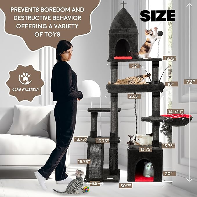 Large Cat Tree Tower for Large Cats, Cat Scratching Post, Self Grooming Post, Interactive Cat Toys, Oversized Perch and Basket, Heavy Duty 72", Black and Red