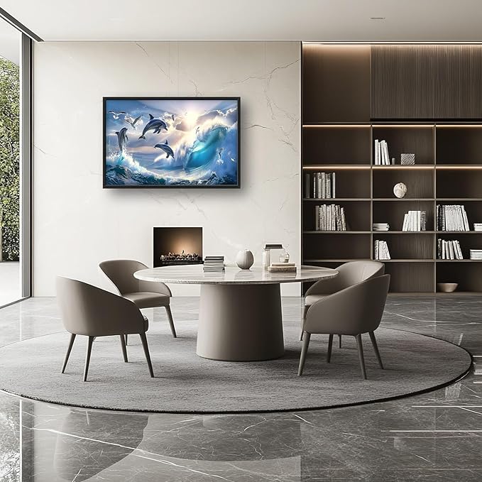 Dolphin Seagull Large Wall Art Sea Ocean Waves Sunrise Pictures Wall Decor Nautical Coastal Canvas Print Painting Artwork for Bathroom Living Room Bedroom 36L" x 24W"