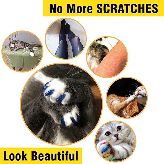 zetpo 80 pcs Cat Claw Covers | Cat Nail Caps | with Adhesives and Applicators (XS, Black, White, Silver Glitter, 24k Gold Glitter)
