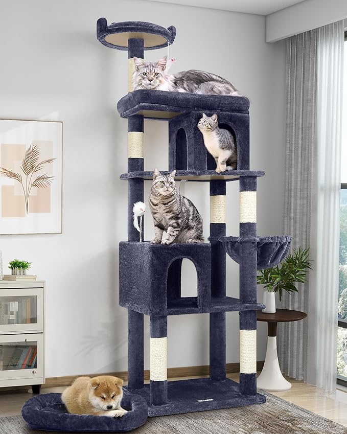 Globlazer Heavy Duty Cat Trees for Large Cats, Sturdy 72in Maine Coon Cat Tree for Large Cats 20 lbs+ Heavy Duty Cat Tower for Adult Biggest Cat with 6 Scratching Posts, Hammock, S72, Smoky Gray