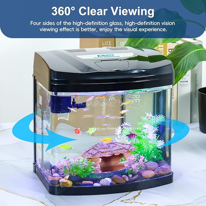 4 Gallon Glass Aquarium Starter Kit with Flip-Top Feeding Port for Betta Fish: Crystal Clear 360° Viewing, Eco-Cycle Filtration, Air Pump, and LED Lighting