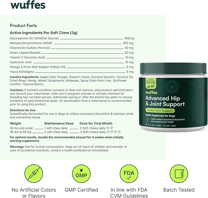 Wuffes Chewable Dog Hip & Joint Supplement - Glucosamine & Chondroitin Chews - Dog Joint Supplements & Vitamins - Extended Joint Care (Small&Medium Breeds (0-65 lbs), 180 Chews (Pack of 3))