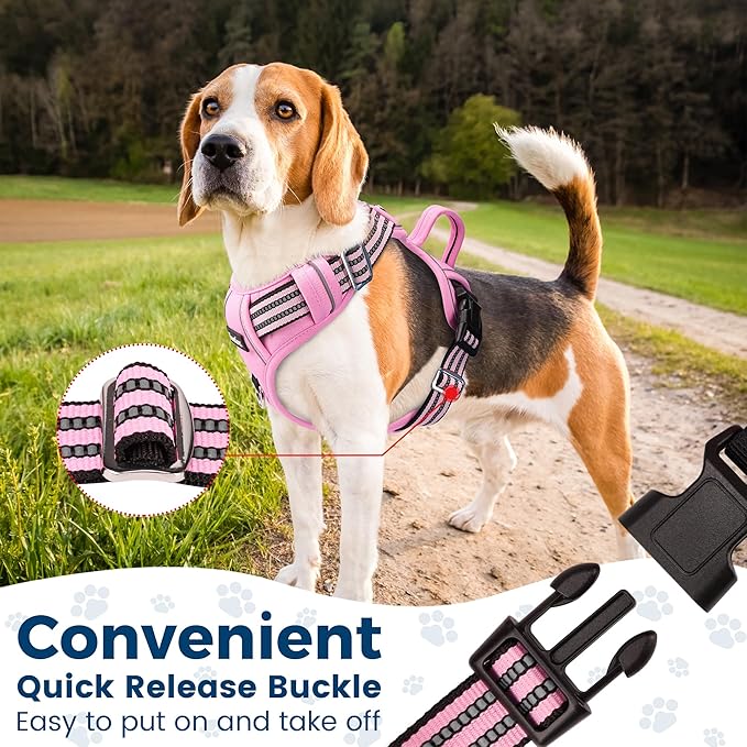 Funfox Dog Harness No Pull, Adjustable Pet Vest Harness, Super Soft Material with Vertical Handle Easy Control, Reflective Night Walking, 2 Leash Clips for Small Sized Dogs, Pink, S