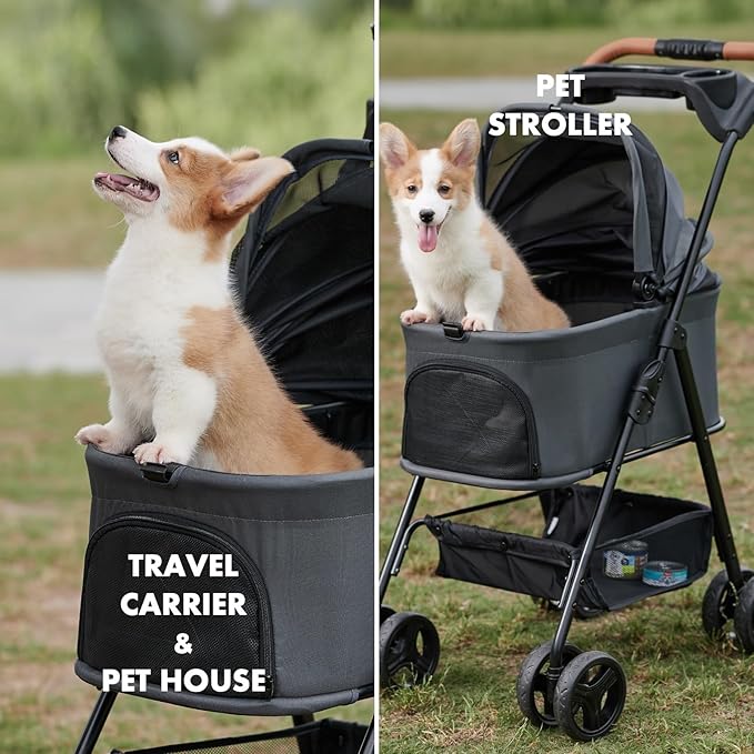 3 in 1 Pet Stroller with Removable Carrier, Folding Stroller for Small/Medium Dogs and Cats, Waterproof, All-Terrain, with Sun Shades, Car Seat