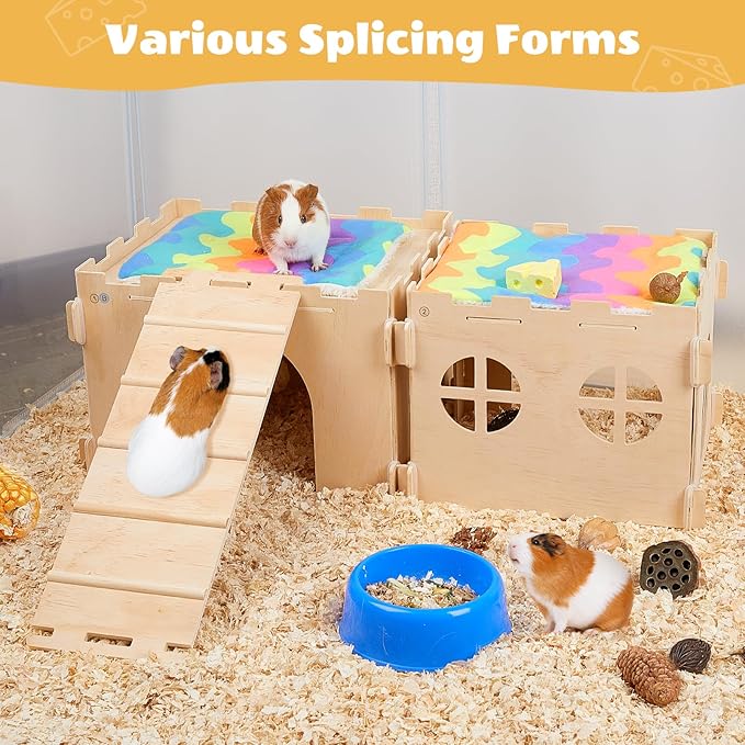 Guinea Pig Hideout, Guinea Pigs House with Stairs and Mats Extra Large Guinea Piggy Castle Detachable Hideouts for Small Animals Wooden Guinea Pig Habitats with Multiple Doors and Windows