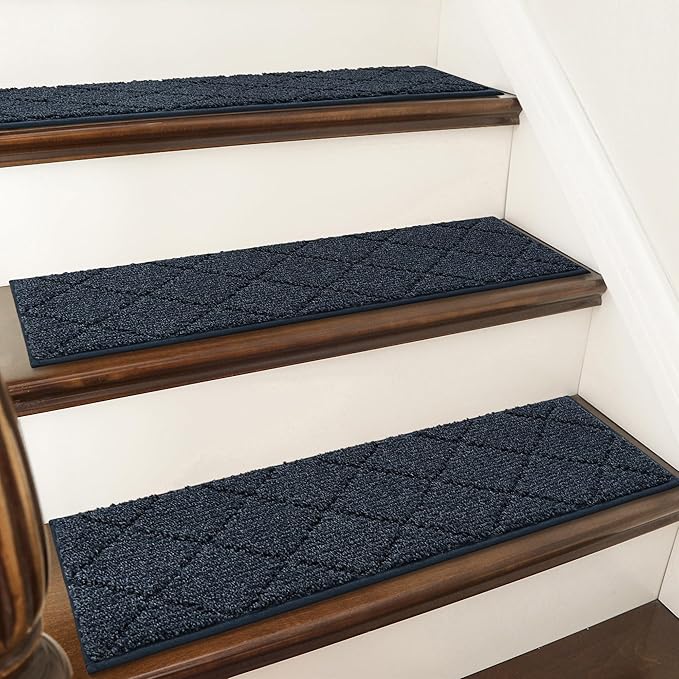 COSY HOMEER Edging Stair Treads Non-Slip Carpet Mat 28inX9in Indoor Stair Runners for Wooden Steps, Edging Stair Rugs for Kids and Dogs, 100% Polyester TPE Backing (10pc, Navy)