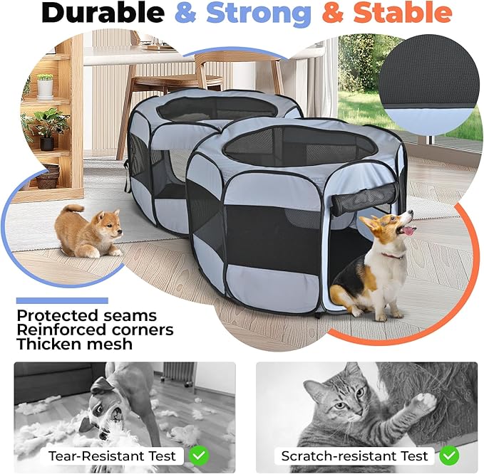 2-in-1 Dog Playpen, Pop Up Cat Puppy Pet Playpen, Indoor Outdoor Cats Enclosed, Cat Tent Crate Cage Kennel, Portable Playpen for Kitten and Small Animals(No Divider, Unified Space)