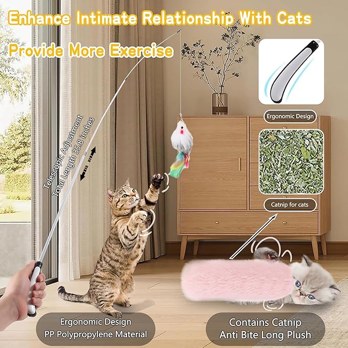4-in-1 Interactive Cat Feather Toys with Durable Retractable Fishing Pole, Enhanced Suction Cup Toy, Door Hanging Teaser Toy and 11 Attachments Replacements for Bored Indoor Adult Cats