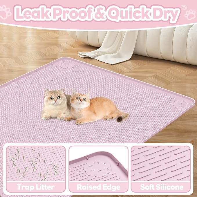 Cat Litter Mat, Extra Large 40" x 28" Silicone Mat Litter Trapping Mat for Scatter Control, Soft on Kitty Paws, Easy to Clean (Pink)