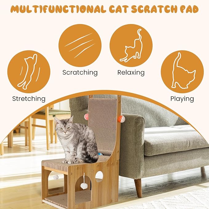 Cat Scratcher, Double Layer Cat Scratching Board, L Shaped Vertical Cat Scratcher for Wall and Couch Protection, Cat Cardboard Scratcher with 5 Ball Toys for Indoor Cats