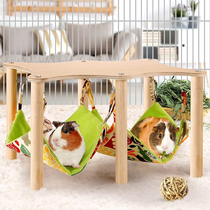 Guinea Pigs Hammock with Natural Wooden Stand- Large Hanging Hammock Bed for Piggies Chinchilla Hamster Bunny Ferrets Hiding Sleeping