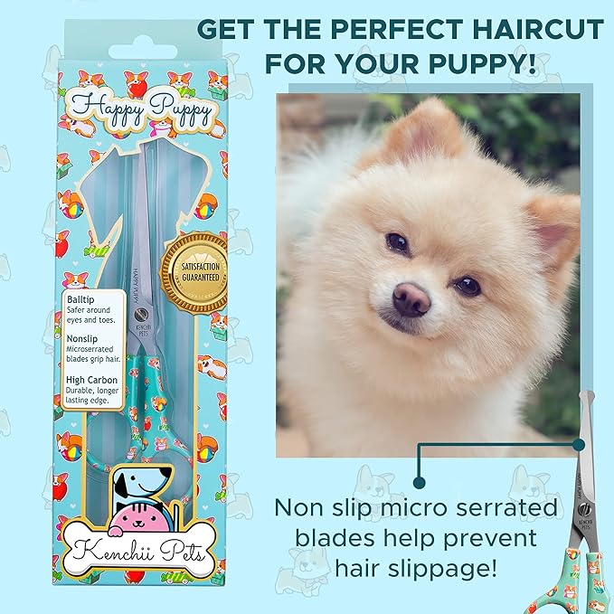 Kenchii Happy Puppy Ball Tip Shears for Dogs | Pet Grooming Essentials | Stainless Steel Trimming Scissors With Safety Blunt Tip | Dog Grooming Tools | 5.5 In