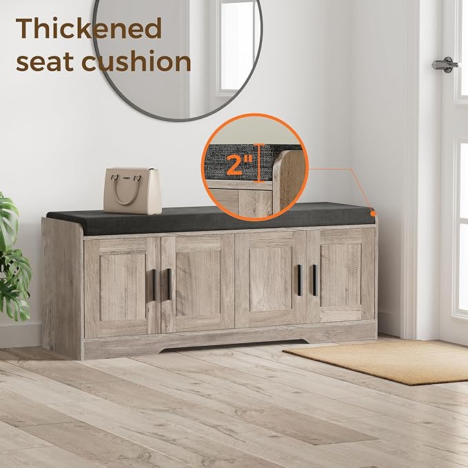 2-Tier Storage Bench, Shoe Bench with Thickened Padded Seat Cushion, Entryway Bench with 4 Doors, Adjustable Shelf, 13.8" D x 45.3" W x 18.5" H, for Entryway, Living Room, Bedroom, Greige