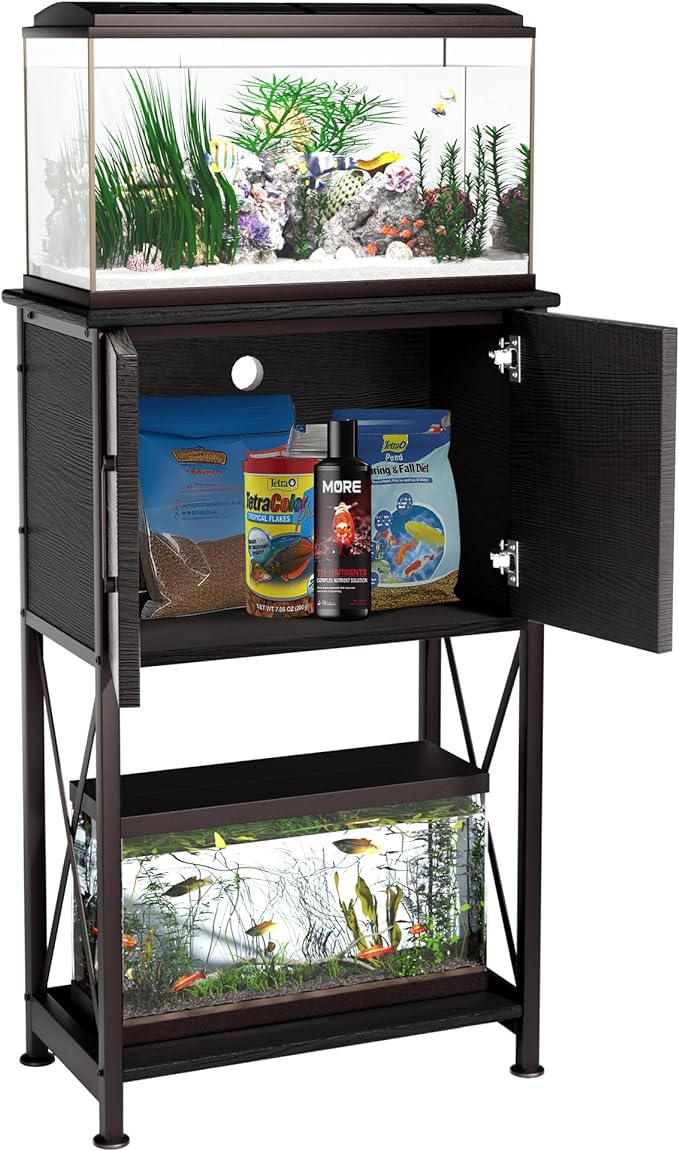 5-10 Gallon Fish Tank Stand, Metal Double Aquarium Stand with Cabinet for Fish Tank Accessories Storage, Heavy Duty 20.5" L* 11.02" W Tabletop, 500LBS Capacity Black PG06YGB