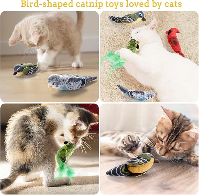 Dorakitten Cat Catnip Toys Interactive Cats 4pcs Kitten Plush Nip Chew Bird Toy with Crinkle Paper Pet Best Treats Stuffed Pillow Cute Teething Play Gifts Soft Kick Sound Supplies for Indoor Kitty