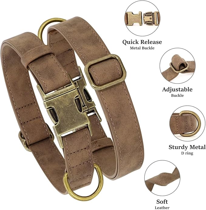 Didog Soft PU Leather Dog Collar, Stylish Quick Released Dog Collar for Large Dogs, Easy Clean Adjustable Pet Collar for Daily Walking, Brown, XL Fit 17-27" Neck