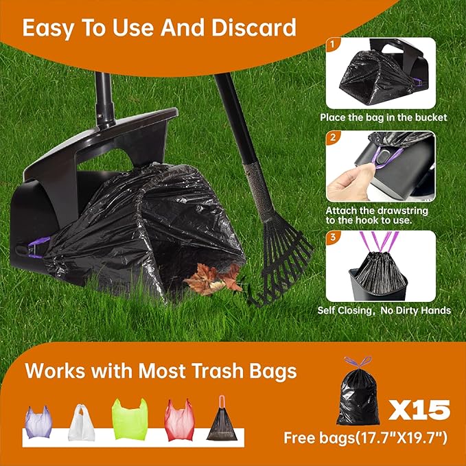 Dog Pooper Scooper with Bags & Dispenser - 37.4" Long Durable Metal Handle Swivel Bin & Rake & Spade Kit, Large Capacity Portable Pooper Scooper for Yards，Easy to Assemble
