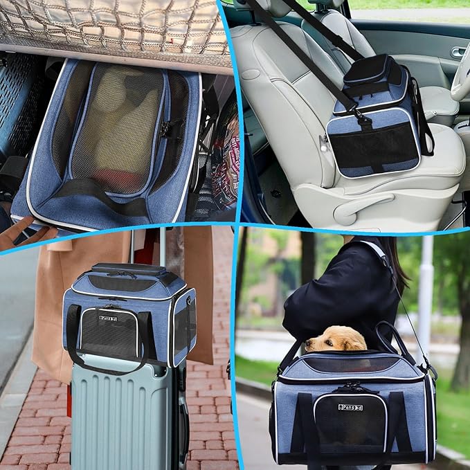 Petskd Top-Expandable Pet Carrier 17x12x8.5 Inches JetBlue Allegiant Spirit Airline Approved, Soft-Sided Carrier for Small Cats and Dogs with Locking Safety Zippers and Anti-Scratch Mesh(Blue)