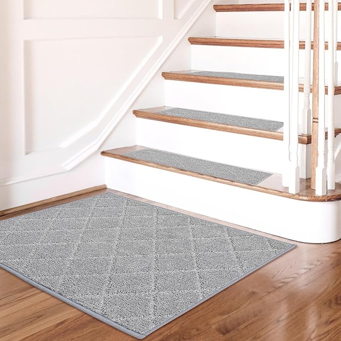 COSY HOMEER Edging Stair Treads Non-Slip Corner Indoor Stair Runners for Wooden Steps,Landing Slip Resistant Stair Rugs for Kids and Dogs, 100% Polyester TPE Backing,Grey,20"X32"