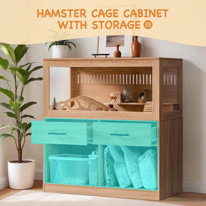 Mewoo Large Hamster Cage, Hamster Cage with Storage Cabinet, Large Habitats Hamster House with View Acrylic Panels and Drawer, Small Animal Cage for Guinea Pig, Rat, Hedgehog, Ferret