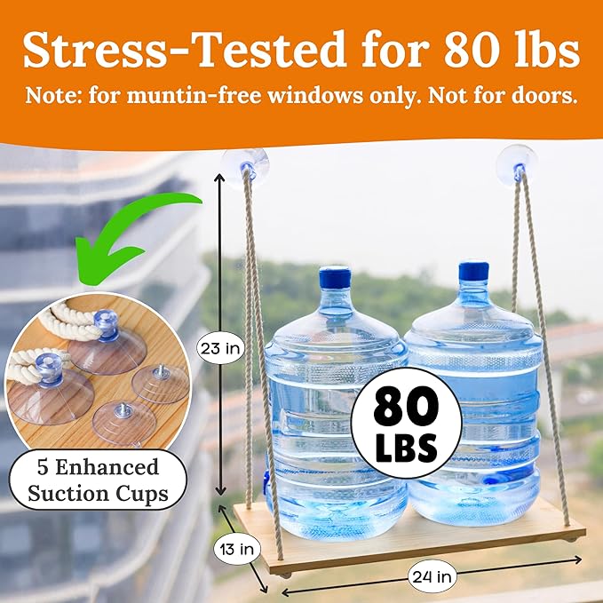 Cat Window Perch for Large Cats - Hammock Bed for Heavy Indoor Cats - Solid Wood Seat, 5 Strong Suction Cups, Soft Cushion - Rustic Shelf for Pets Inside