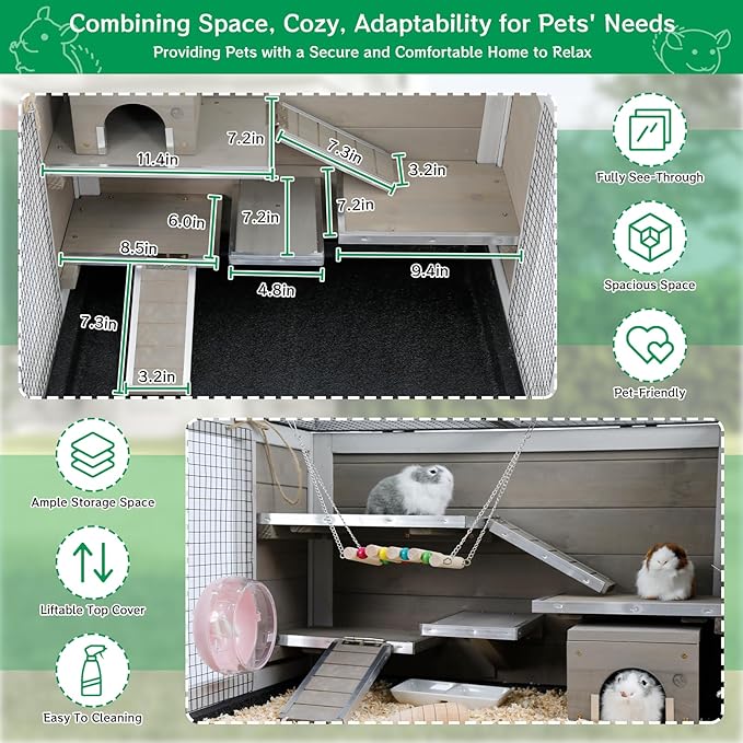 Guinea Pig Cages Wooden Hamster Cage Indoor with Stand and Storage Outdoor Small Animals Habitat with Metal Edges Ramps Hideout House,No Leak and Pull Out Tray, Easy Clean