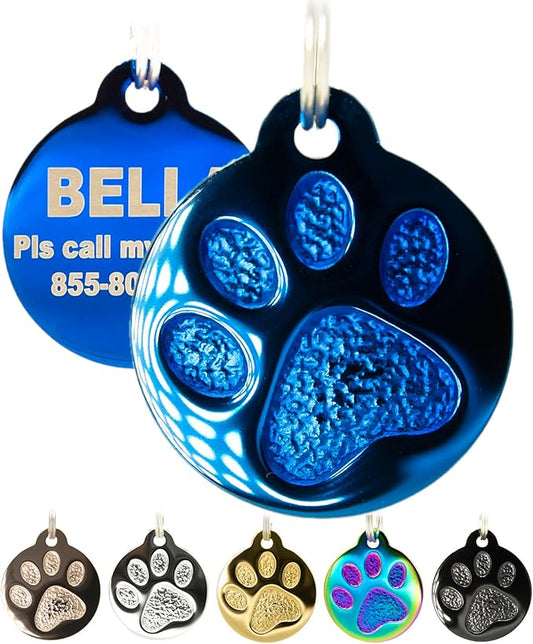Engraved Pet Tag for Dogs and Cats - Personalized Front & Back up to 4 Lines of Text Custom Engraved ID, Round Paw Print Solid Plating Stainless Steel Blue Regular