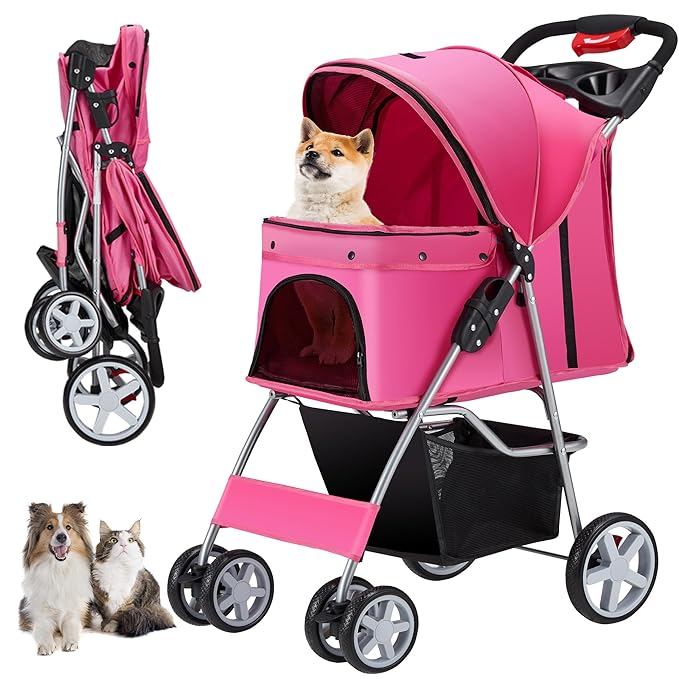 4 Wheels Pet Stroller for Small Medium Dogs Cats 10-33 lbs, Foldable Dog and Cat Stroller with Cup Holder & Storage Basket & Breathable Mesh, Pet Strolling Cart for All-Season, Pink