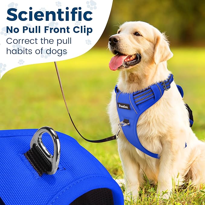 Funfox Dog Harness No Pull, Adjustable Pet Vest Harness, Super Soft Material with Vertical Handle Easy Control, Reflective Night Walking, 2 Leash Clips for Small Sized Dogs, Blue, S