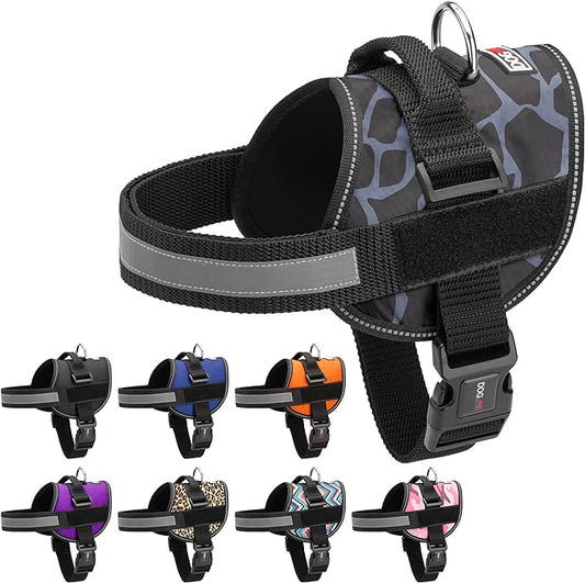 Dogline Dog Harness, Reflective No-Pull Adjustable Vest with Handle for Walking, Training, Breathable, No - Choke Harness for Small, Medium or Large Dogs Room for Patches Girraffe Grey S 18"-24"