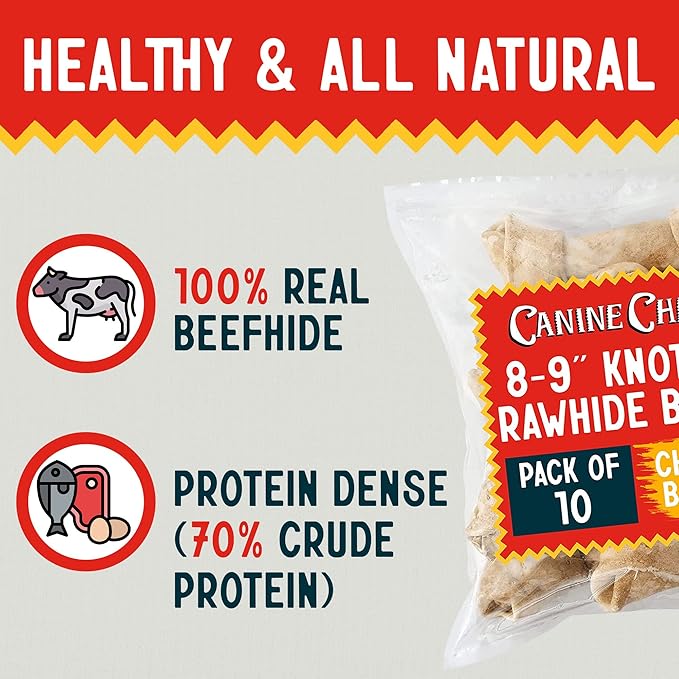 Canine Chews 8-9" XL Extra Large Rawhide Bone for Large Dogs Aggressive Chewers Savory Flavored 10 Pack (Chicken Flavor)
