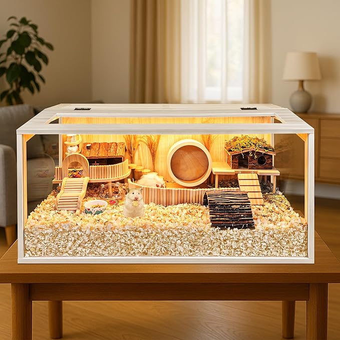 Prolee Hamster Cage Chewproof Wooden 24 Inch Guinea Pig Cages Mice and Rat Habitat Openable Top with Acrylic Sheets Solid Built